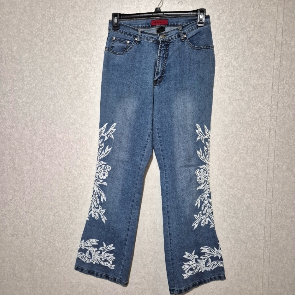 Therapy Blue and White Flare Jeans with Elegant Embroidery...SIZE:6